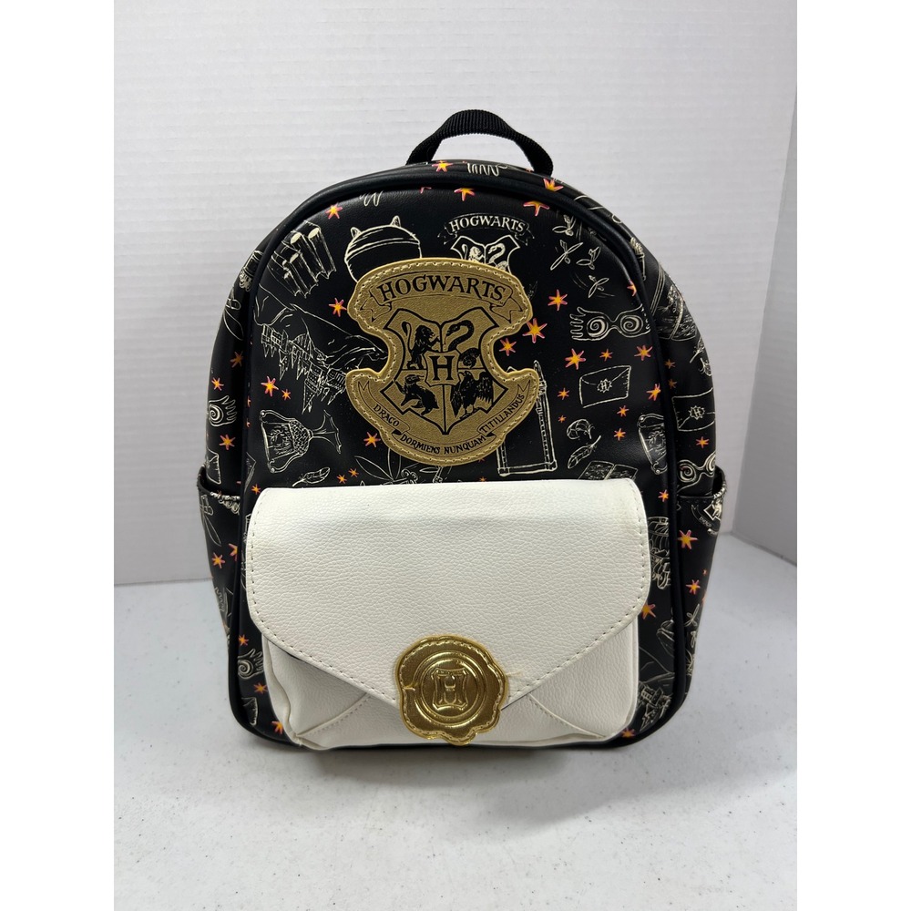 Harry Potter Hogwarts Mini Backpack Black Gold Icon Print Envelope Pocket